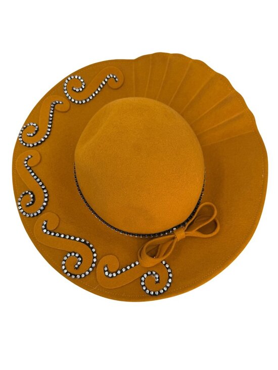 Mustard Wool Felt Wide Brim Hat Rhinestone Trim Bow‎ Bollman 1980s main image 11